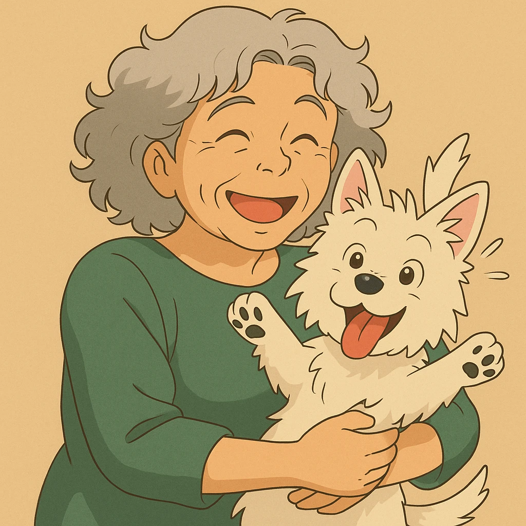 Make the Westie dog playful, with a joyful pose or playful look, keep the 50-year-old lady with silver curly hair smiling emoji