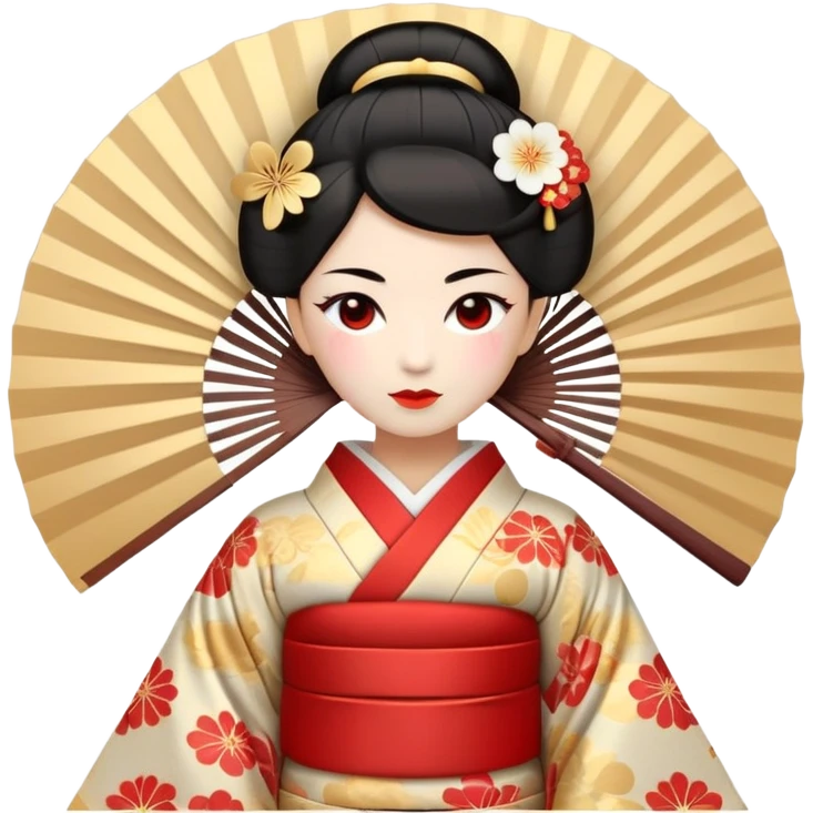 Create a unique emoji inspired by the Japanese Shinguhotzudai era — blending traditional Japanese elements (such as kimono, fans, geisha, samurai) with modern abstract motifs typical of Shinguhotzudai. The facial expression should be emotional yet subtle, with soft animation effects. Use a pastel color palette with highlights of red and gold. Style should be minimalist, elegant, and emphasize inner harmony and strength. emoji