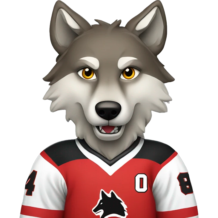 A wolf in a red black and white hockey uniform with a wolf emblem emoji