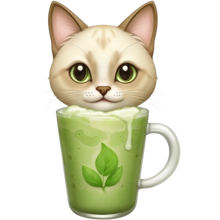 Happy Siamese Cat holding in its paws an iced matcha latte emoji