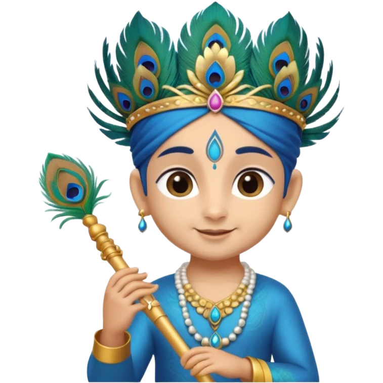 Cute young Krishna emoji, soft blue skin, peacock feather on crown, charming smile, holding a flute, big expressive eyes, round chibi emoji style, divine and joyful look." emoji