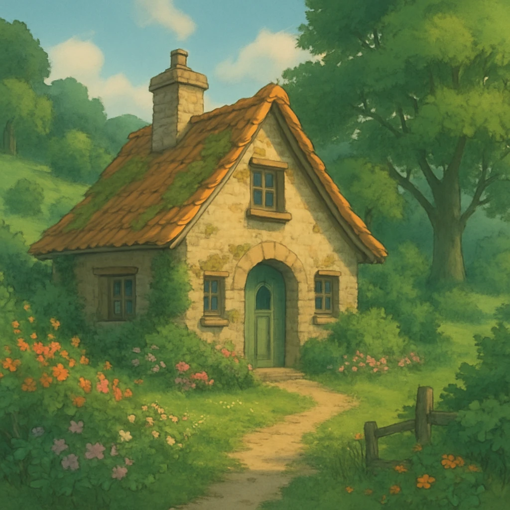 cozy cottage in a lush landscape with gentle lighting in ghibli style emoji