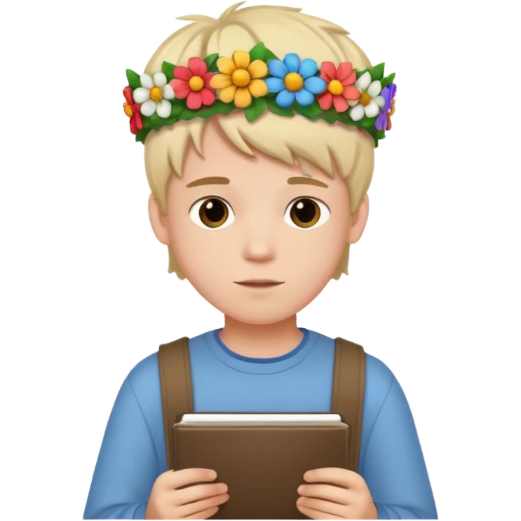 Teen boy drawing boy with flower character in notebook emoji