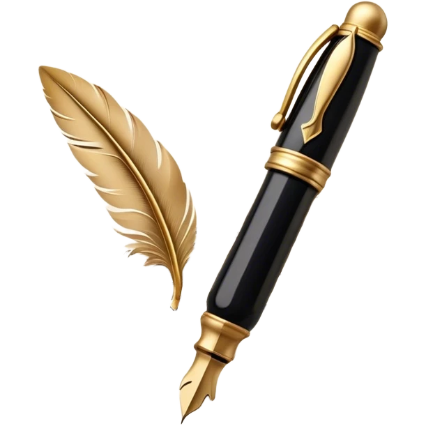 Create a delicate, artistic emoji representing poetry. The design should include a black fountain pen or quill with ink flowing gently onto a piece of parchment or scroll. Add soft, flowing lines to represent the fluidity of verse and creativity. Include elements like a small ink bottle or a feather in the background, and subtle accents of gold or silver to evoke elegance and inspiration. The overall design should feel light, romantic, and whimsical. Make the background transparent. emoji