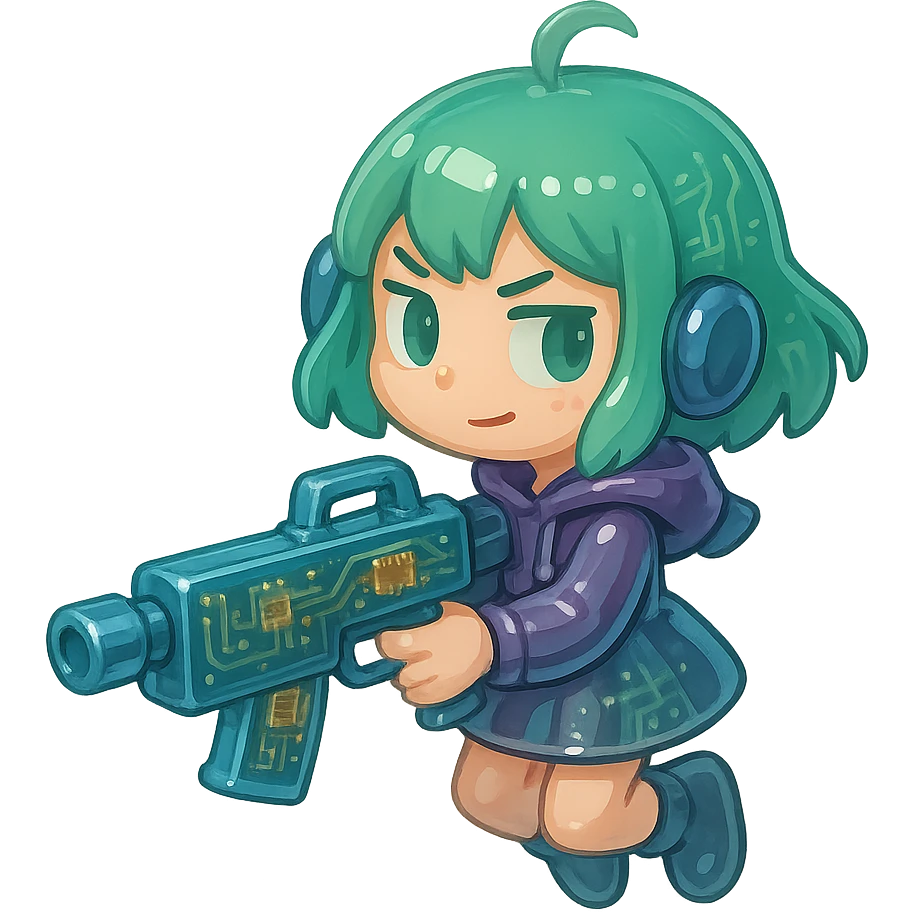 quirky stalker girl with an oversized machine gun, futuristic vibes emoji