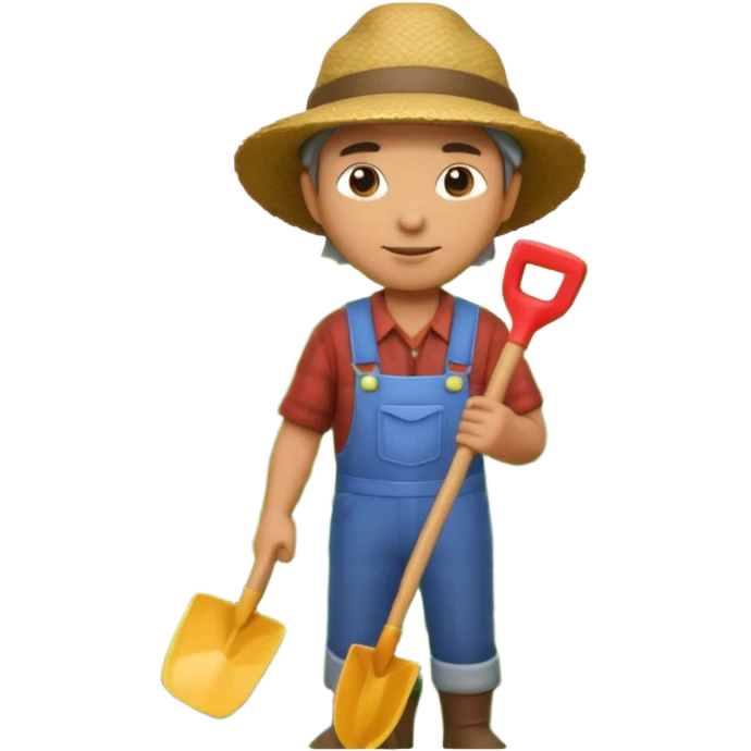 A 3D cartoon farmer standing in a green field with crops, wearing a hat and holding a shovel, bright sunlight, soft shadows, realistic Memoji-style rendering. emoji