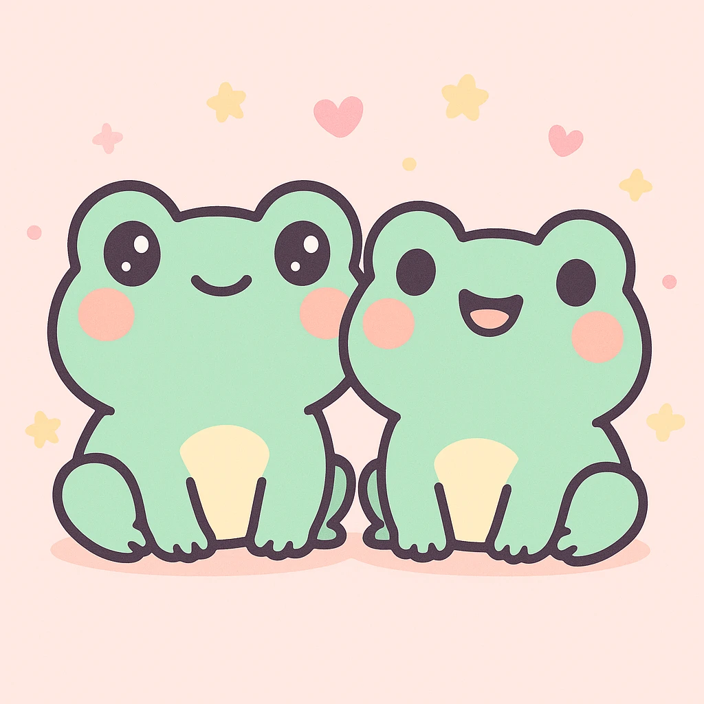 two cute frog friends sitting together, cartoon style emoji