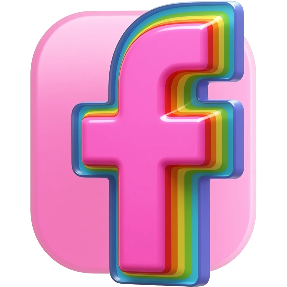 Facebook logo in bright vivid hot pink, in 3d style with all colors of the rainbow as a border outlined around each letter, isolated, 3d rendering, no emoji icons no emoji faces and must have no human figures emoji