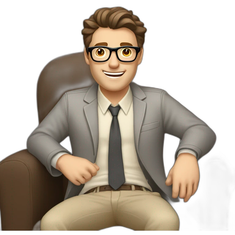 Joyful thrumb up Pale skinned Fit Man With dark brown hair in gray jacket, beige office shirt, Brown pants and vintage glasses sitting In a soft chair emoji