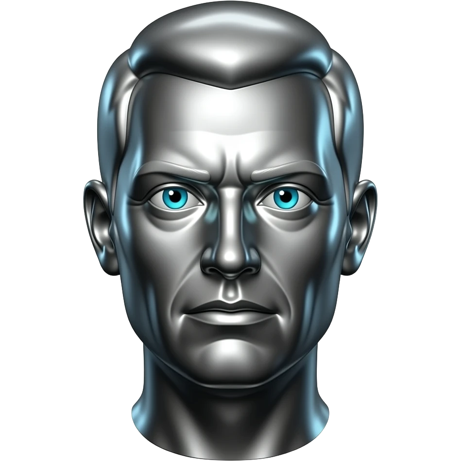 "A polished chrome german men statue head, front-facing, serious focused expression, glowing cyan (#00D4B1) eyes, dark background. Metallic reflections with subtle cyan light accents. Clean, no background, emoji style, high detail. The statue represents discipline, focus and self-mastery." emoji
