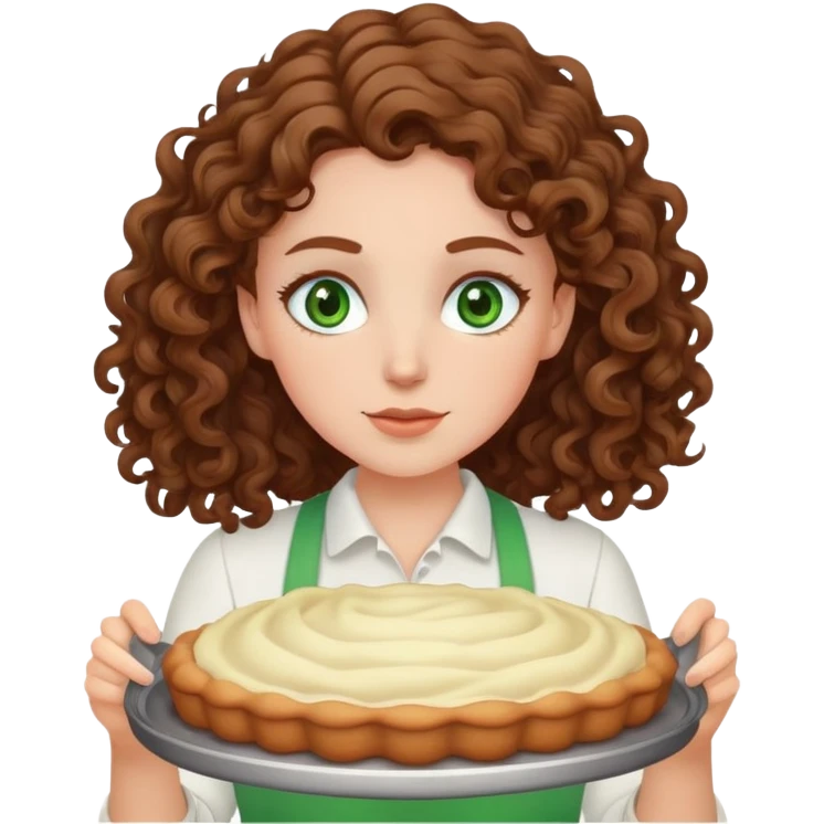 white girl with curly brown hair and green eyes is baking emoji