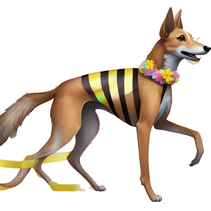  brindle brown black maroon striped lurcher Alsatian fox running blue eyes and iridescent holographic oilslick harness wearing paper iridescent tropical flower crown yellow caution tape emoji