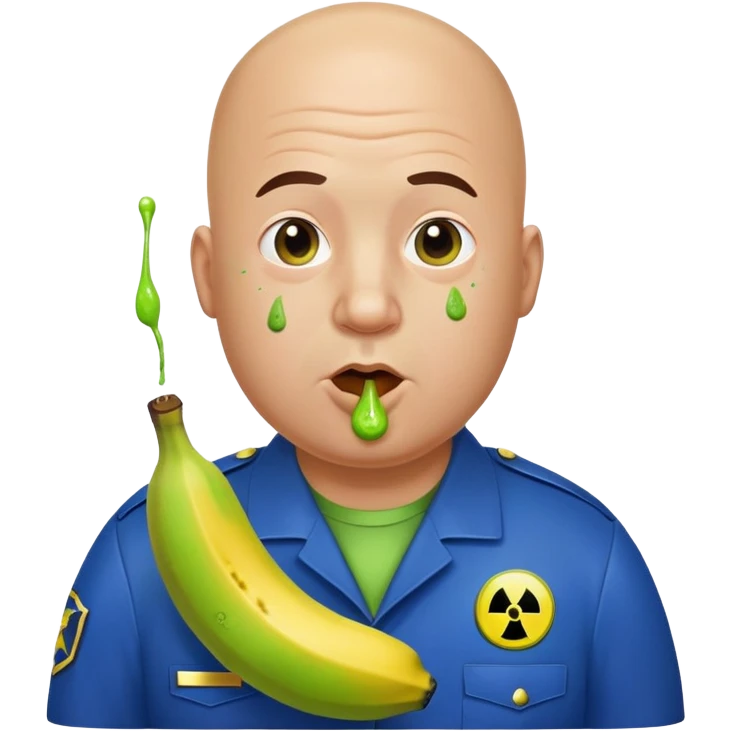 bald a bit fat man in a blue uniform eats a toxic green radioactive banana emoji