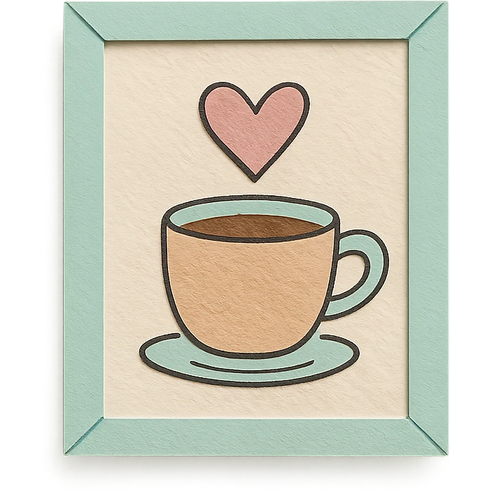 coffee shop wall art frame with cup and heart doodle, soft pastel colors, hand-drawn style emoji