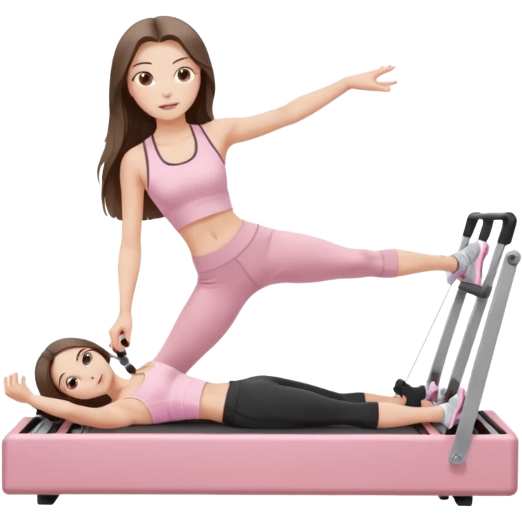 pretty white brunette teen long hair with hazel eyes and a small waist in light pink workout clothes on a pilates reformer emoji