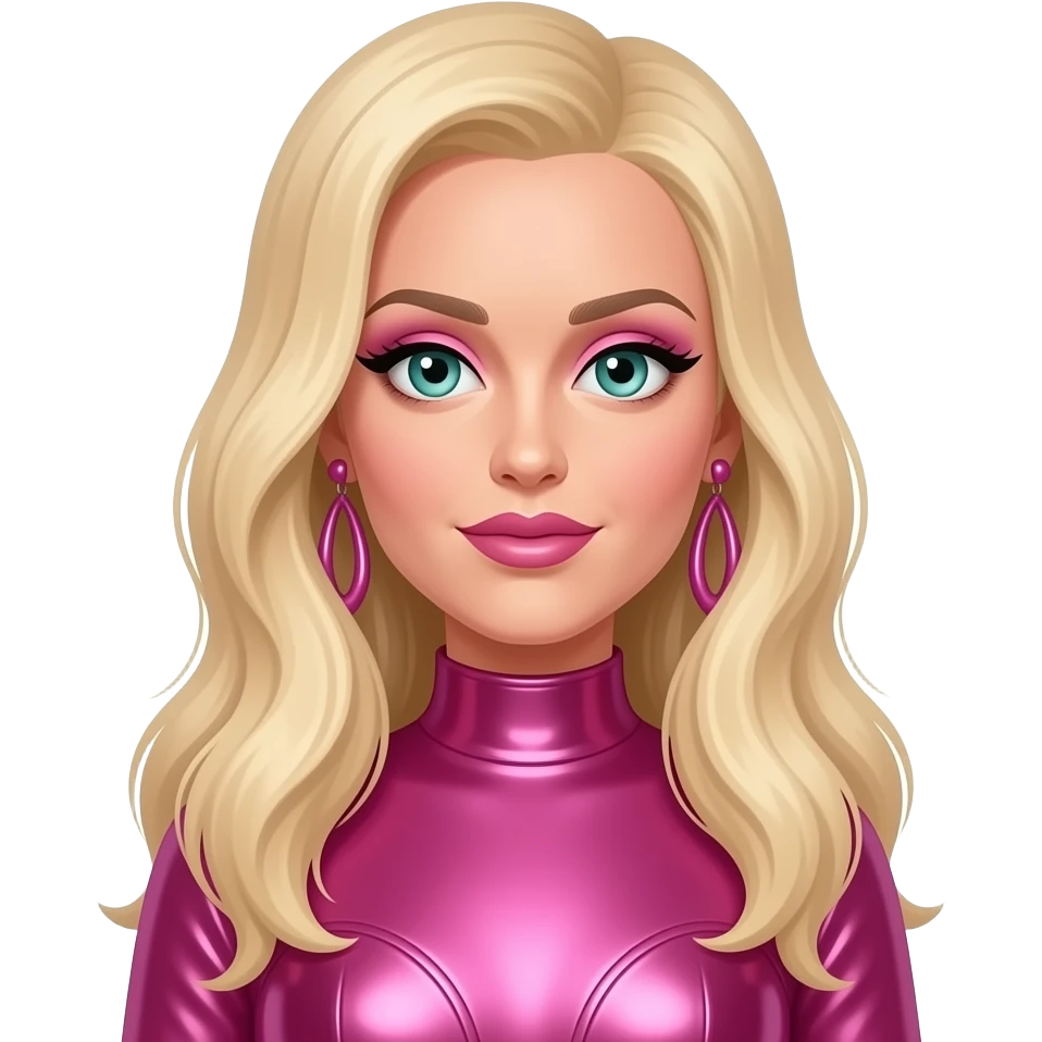 Katy Perry with teal eyes, long blonde hair, pink eyeshadow and lipstick, hot pink metallic pop outfit, earrings emoji