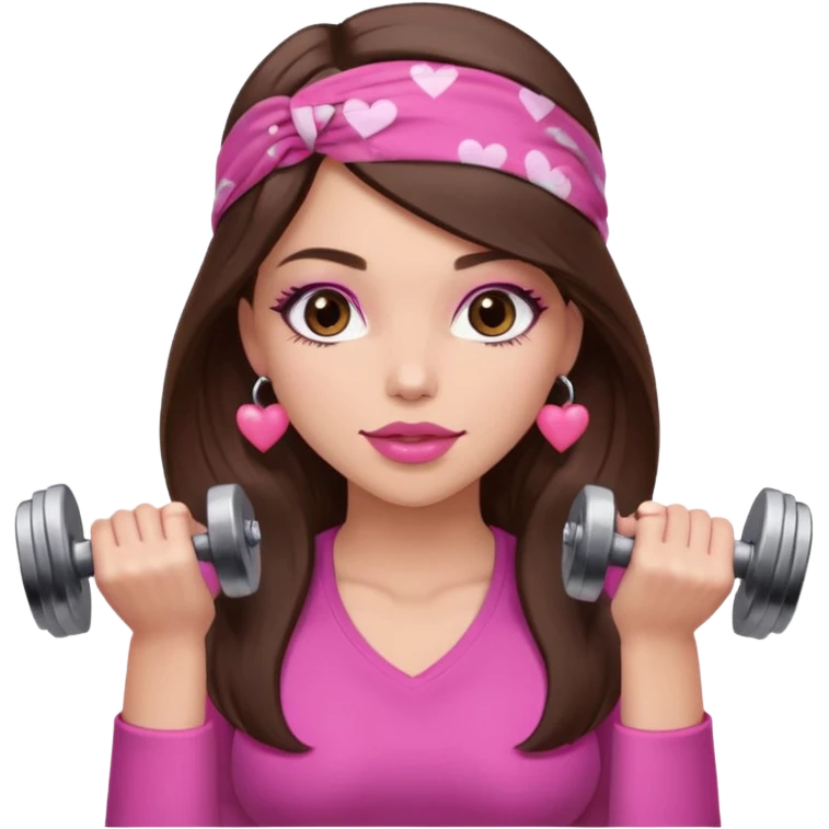 Pink and clothes emoji, inspired with brunette hair, brown eyes, long hair, heart shape lips and pink make up  and pink nails, mauve pink blush and a chocolate brown bandana lifting dumbbells emoji
