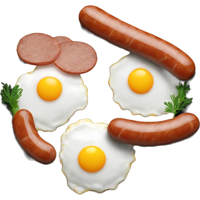 fried eggs with sausages and herbs on a black plate emoji