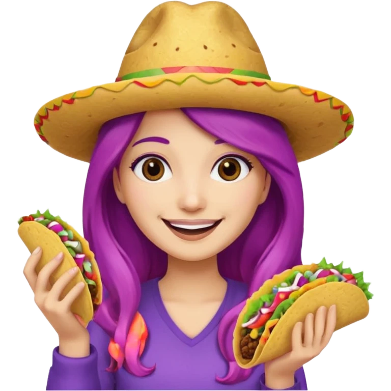 woman holding taco with purple long hair and hat on head emoji