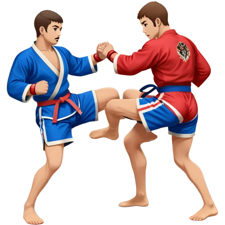 Two Sambo fighters in blue and red kimonos, with shorts and wrestling shoes, performing grappling and throwing techniques. The background shows a wrestling mat and an intense, focused atmosphere. Transparent background highlights the fluidity and skill of the sport without strikes. emoji