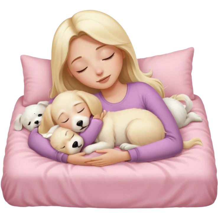 Blonde long hair lady sleeping in her light pink bed cuddling with her white puppy  emoji