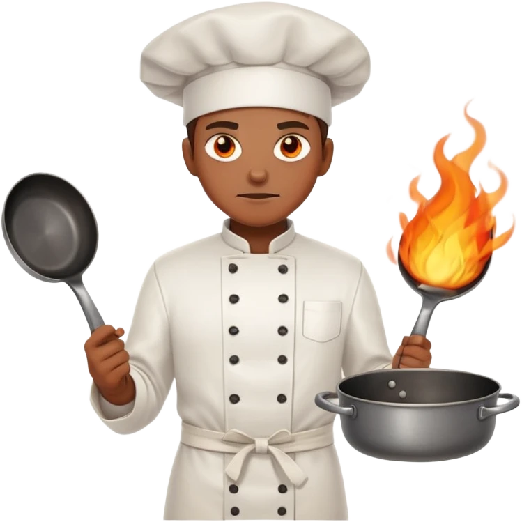 determined chef with fiery eyes, holding two crossed cooking pans defensively across chest emoji
