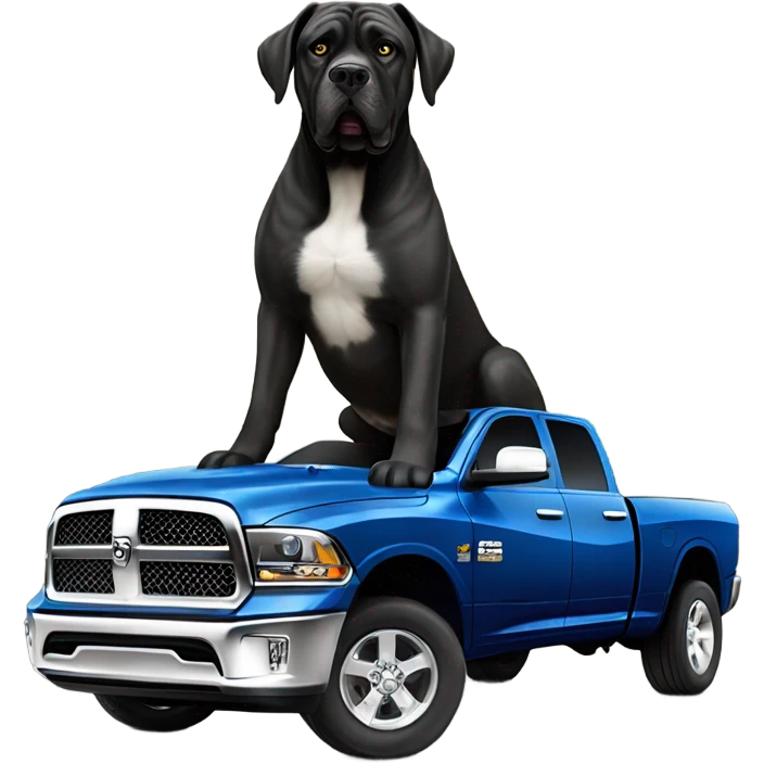 A Cane Corso driving a gold and blue Dodge Ram 1500. emoji