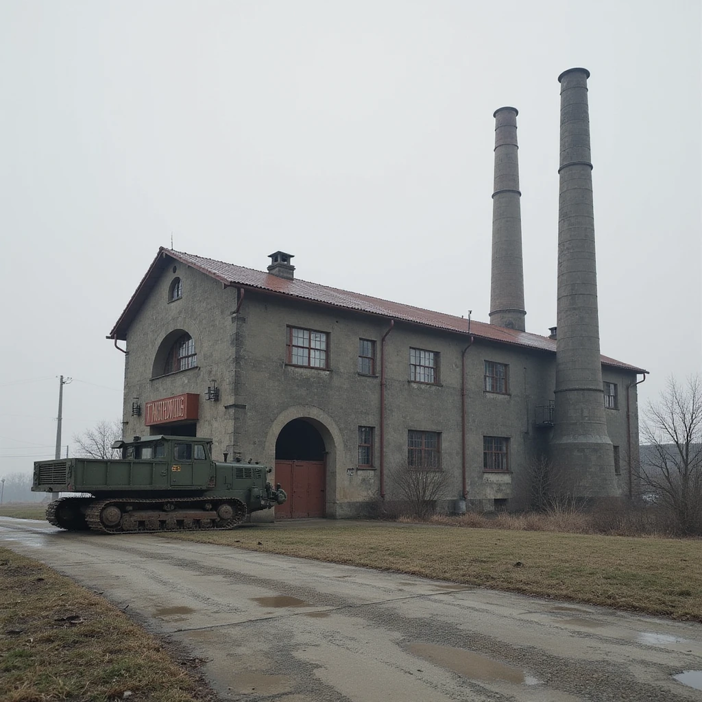 realistic Soviet heavy equipment plant building, factory exterior, hammer and sickle, smokestacks, no people, no machinery outside emoji