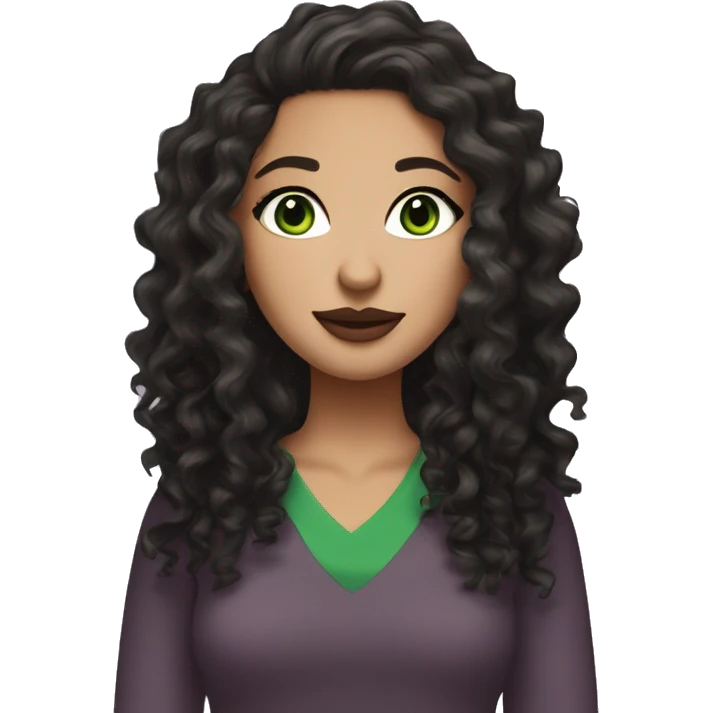 Create an emoji-style character of a white girl with green eyes, long black curly or wavy hair, wearing earrings. She has a green v-neck top, wears mascara, and is styled with mauve lipstick emoji
