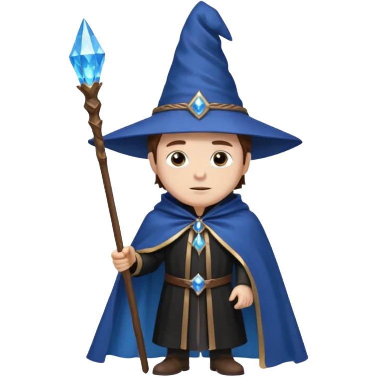 A white-skinned man with brown hair stands in sharp black clothing. He wears a pointed wizard hat and cape, holding a wooden staff crowned with a glowing blue crystal. His calm expression and steady posture suggest quiet mastery and a blend of magic, mystery, and modern elegance. emoji