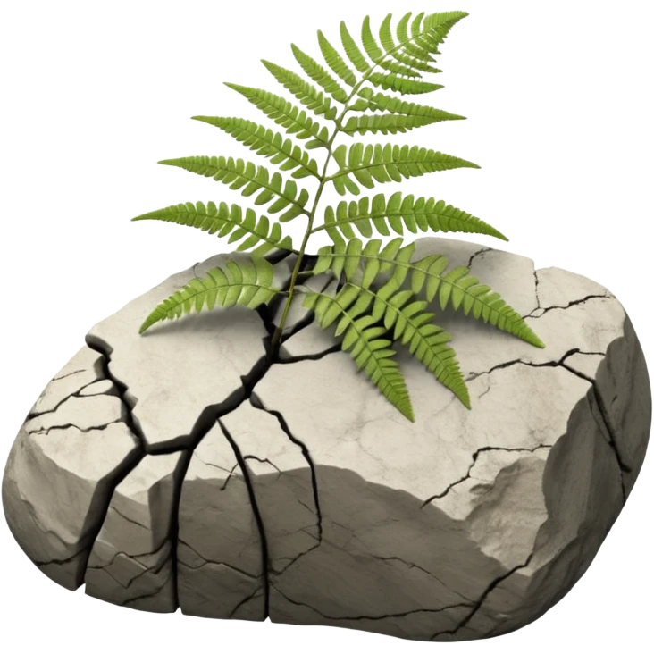 3D render of Fern Imprint, embedded in a chunk of rough sedimentary rock, cracked stone texture, ancient fossil aesthetic, black carbon imprint on a white limestone rock, matte dry finish, Apple emoji style, isolated on white background --v 6.0 emoji