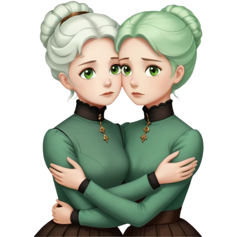 Two Victorian women with light green eyes in a sad, intimate embrace. One has bright white coiffed hair, the other has dark copper coiffed hair. Both wearing Victorian turtleneck dresses, hugging tightly emoji
