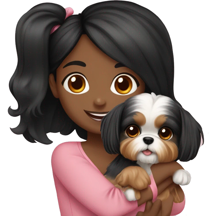 Black hair girl holding a Yorkie Shih Tzu puppy￼ emoji