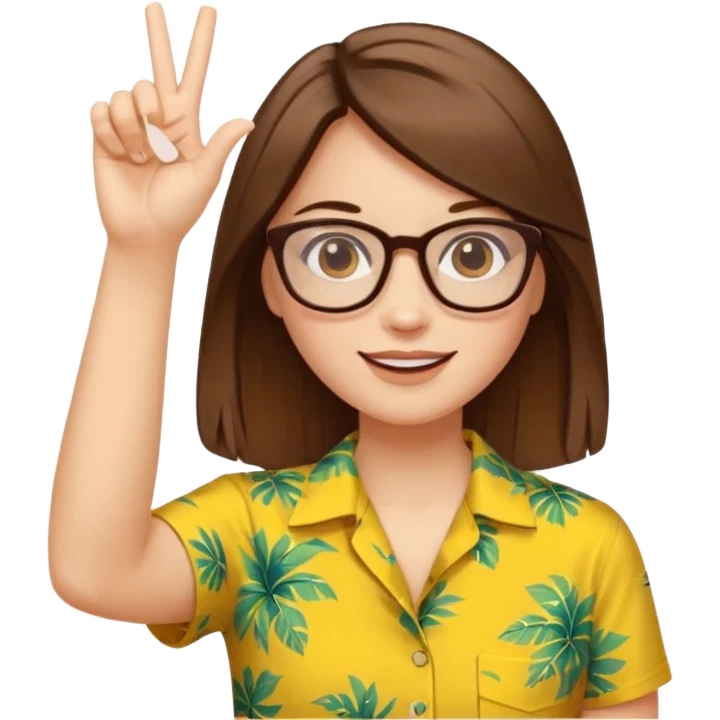 Hawaii female with white skin. Shoulder length straight brown hair. Brown eyes with glasses. Female wearing yellow Hawaiian print shirt. Women is making a hang loose sign with her left hand emoji