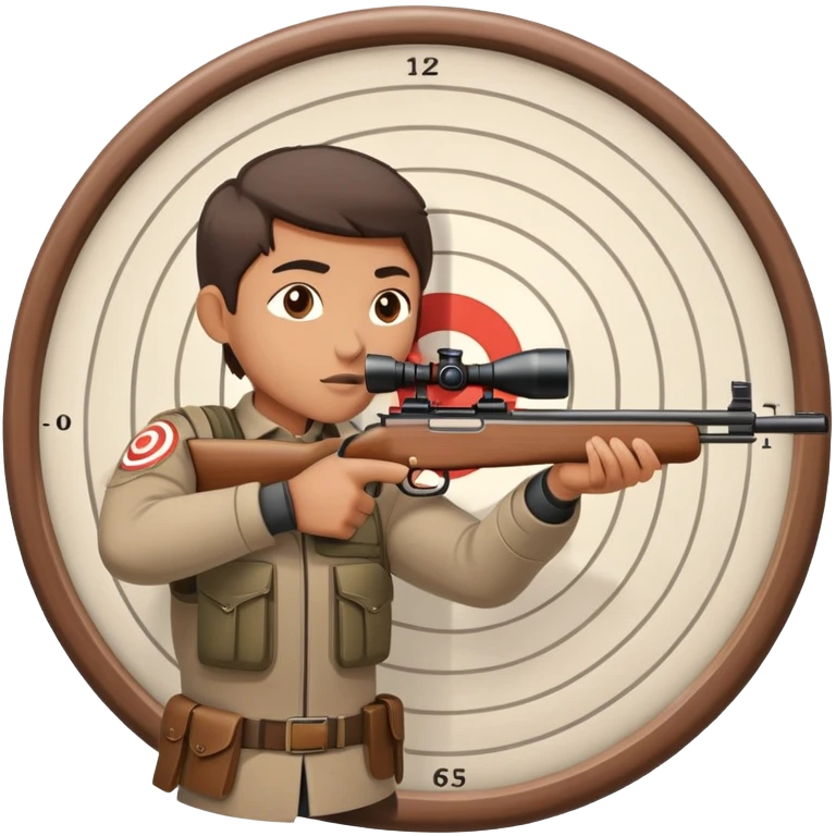 A focused marksman aiming at a target with a rifle, displaying perfect form and concentration. The background includes a target board with concentric rings, emphasizing accuracy and precision in a competitive shooting environment emoji