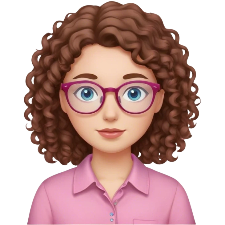 White girl with blue eyes and brown curly hair pink shirt glasses and blush emoji