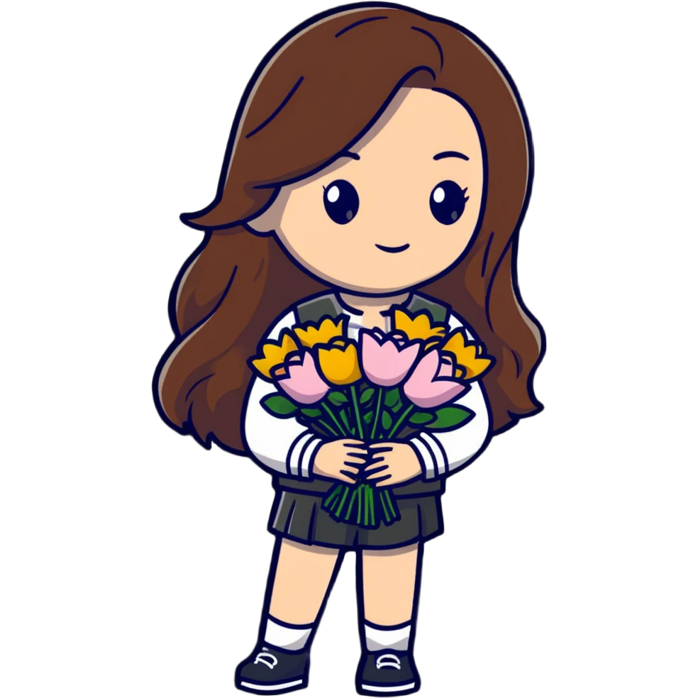 cool girl with long brown hair holding a bouquet of flowers, trendy outfit, stylish emoji