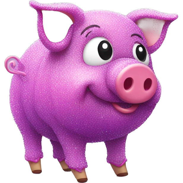 Pig made of sparkling purple sour candy laces and pink sweets walking covered in sugar  emoji