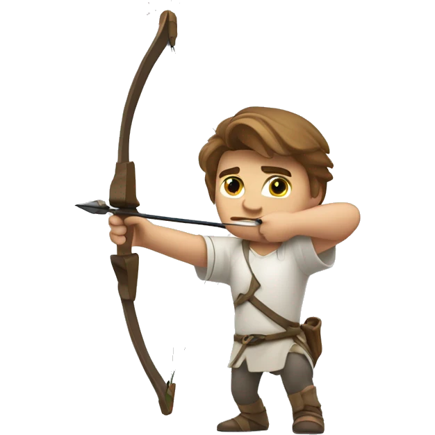a male archer aiming with a bow looking at his target, wearing a white shirt, very show brown hair, bright skin emoji