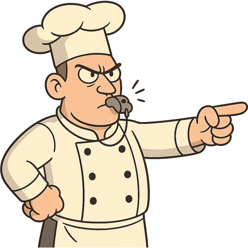a chef with a whistle, commanding pose, stern drill sergeant look, 2D cartoon style emoji