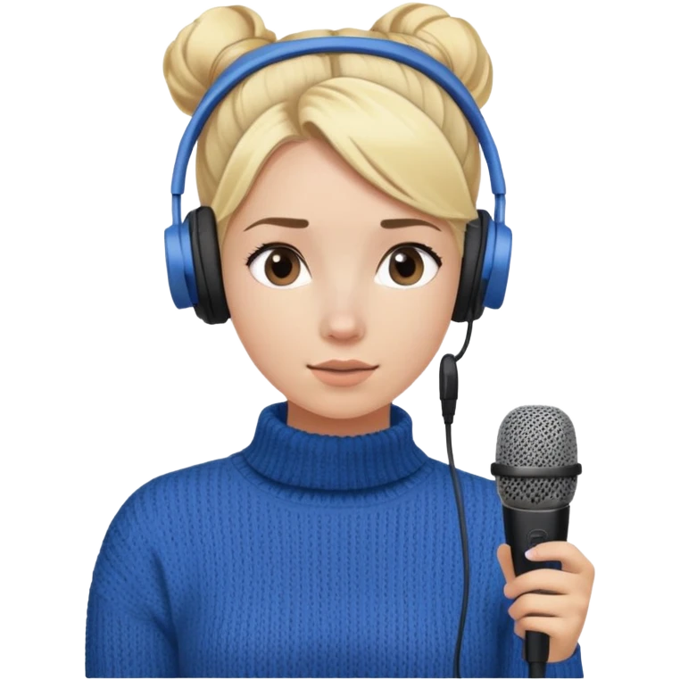 a girl with blue knitwear with a blonde hair
bun and her job is a podcaster (condenser microphone in front of her face and a headphone in her head) emoji