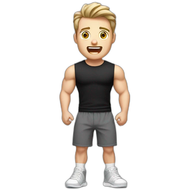 amazed Open with surprise mouth Pale skinned Fit Man With the biceps and dark brown hair in black shirt, gray sports shorts and white Sneakers emoji