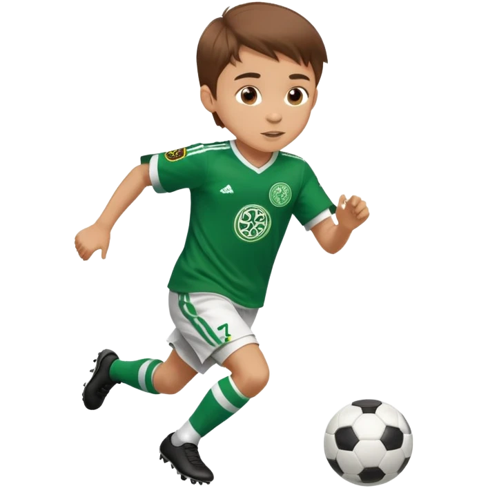 Brown hair 6 years old boy running playing soccer wearing celtic uniform ( jersey) and is number 17 in the jersey ! Number 17  emoji