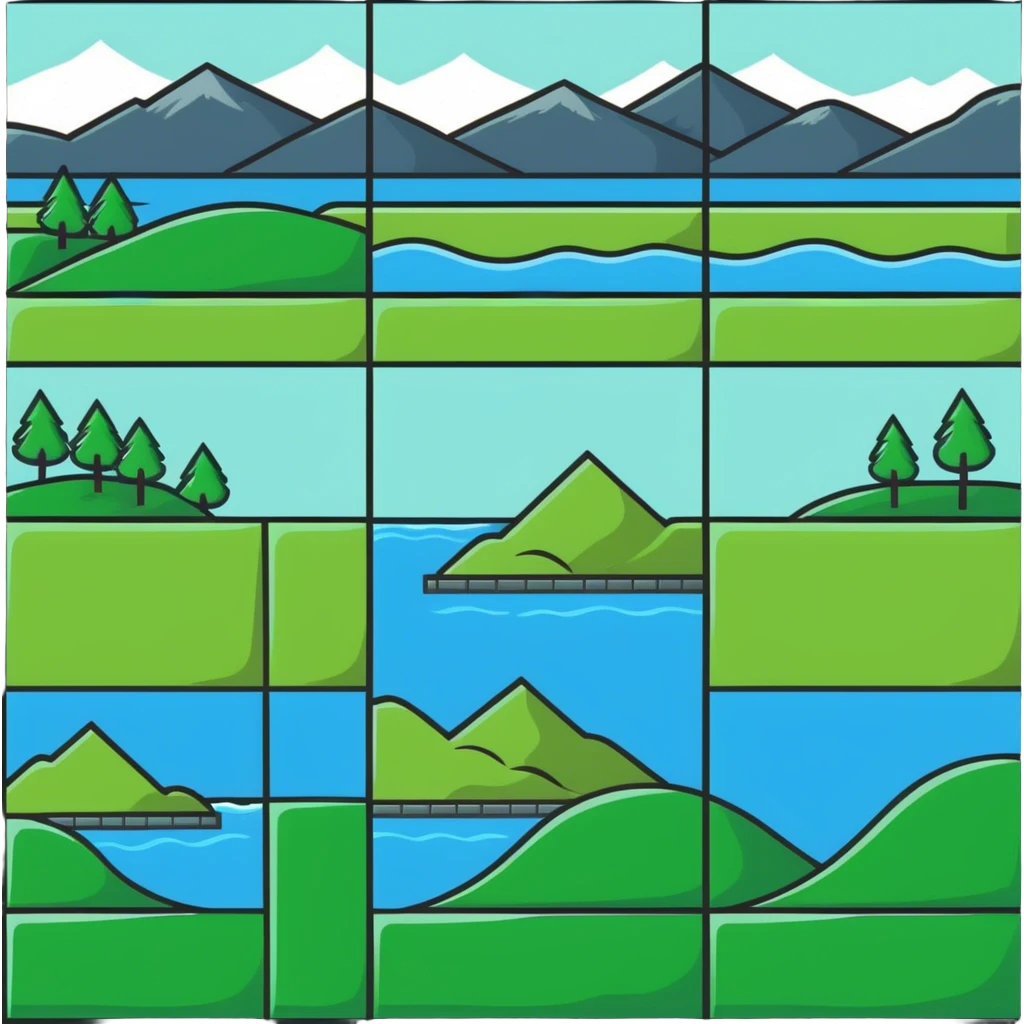 RPG terrain tileset with grass, water, forest, mountain emoji