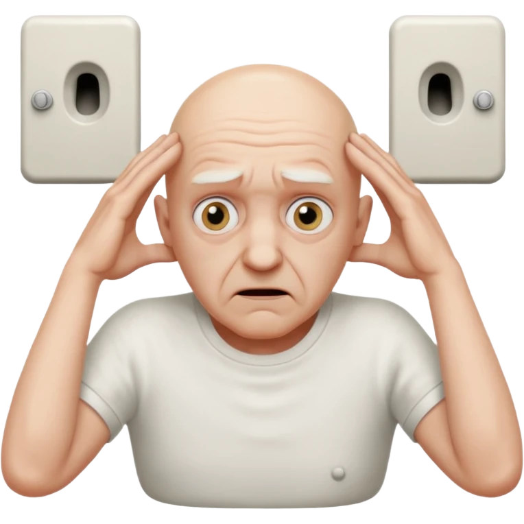 A bald person who’s very old is staring, he’s inside a toilet and his head is upright and looking at the camera with very wide eyes and his hands are putting pressure on his head, very scared expression emoji