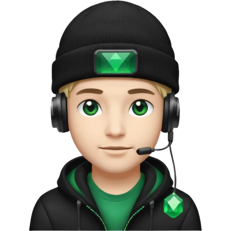 garcon avec un bonnet noir avec un emeraude dessus et un casque gaming moin bronzé emoji