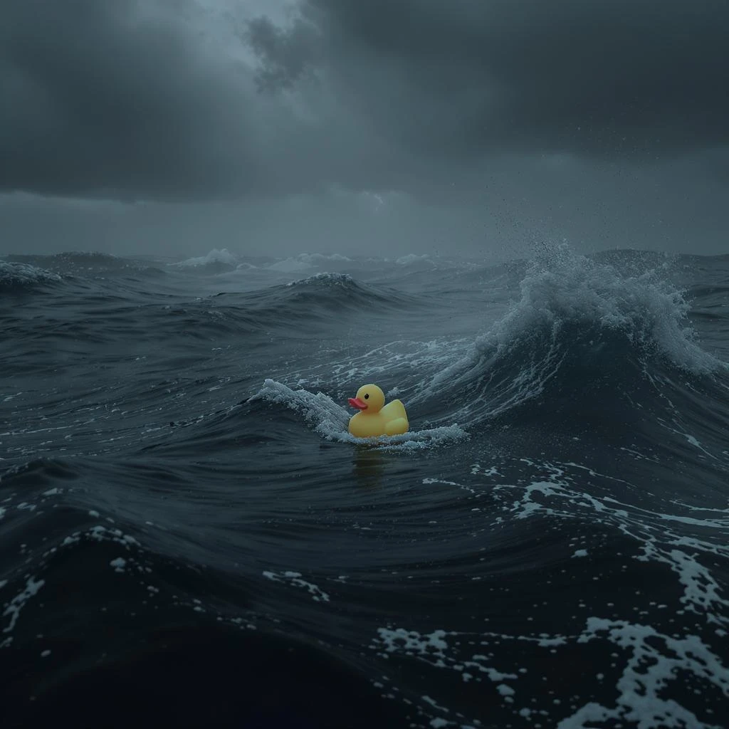Extreme Closeup shot of Yellow duck toy on ocean during cloudy day, stormy sea, Camera from top, inspired by interstellar emoji