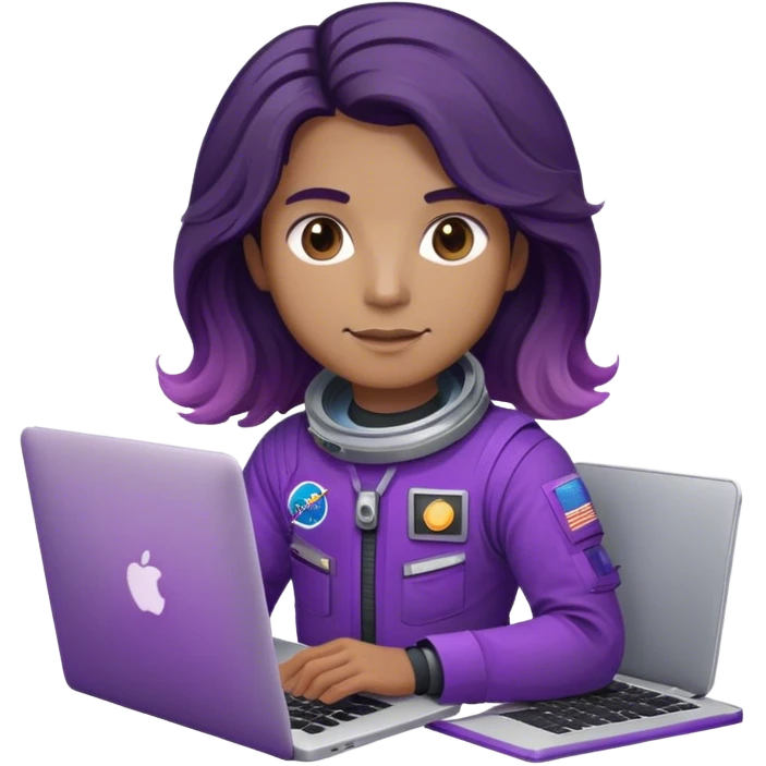 astronaut with purple suit, long ombre black/brown wavy hair and a macbook emoji