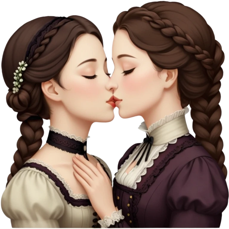 eyes closed lesbian kiss between modest Victorian women wearing dark outfits emoji
