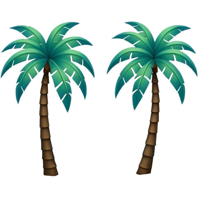 two dark green palm trees on white sand, a little azure water around the sand, minimalism, iOS emoji style, transparent background, no smileys or faces emoji